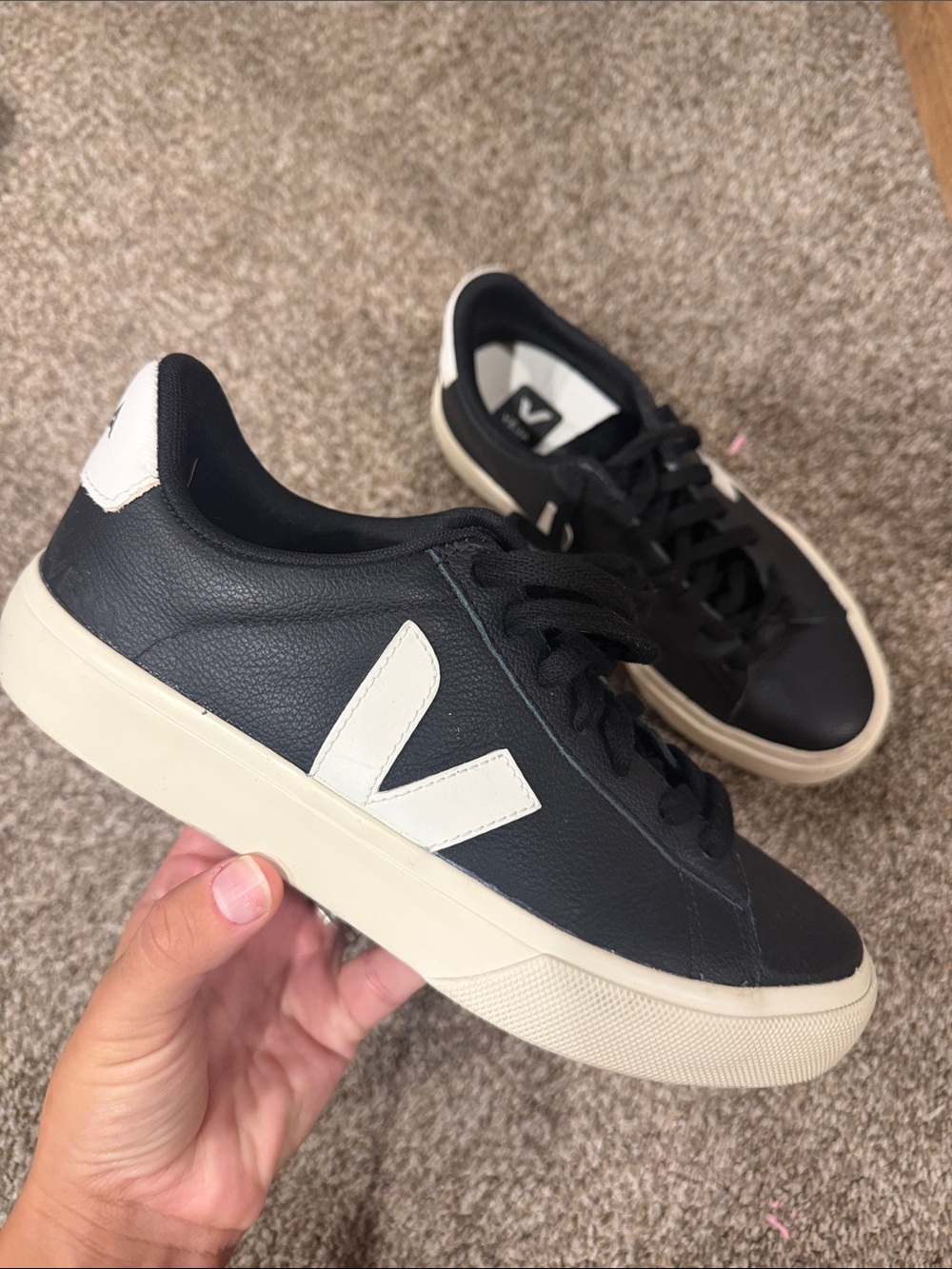 Veja Women’s Black Leather Sneakers with White V Accent